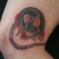 Scary colorful rodent on bloody backgroung tattoo on thigh