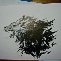 Screaming wolf head and bird flock tattoo design
