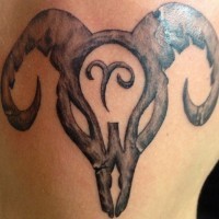 Tatuaje en el brazo,
cráneo de ovis con signo