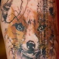 Simple colored trash polka style arm tattoo of fox head with lettering