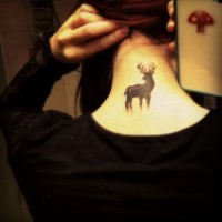 Simple designed little black ink animal deer tattoo on neck