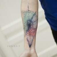 Simple geometrical style colored forearm tattoo of nautilus shell