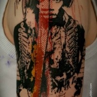 Simple trashpolka style upper arm tattoo of man dancer