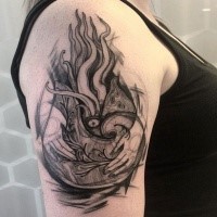 Sketch style black ink upper arm tattoo of human hands holding nautilus