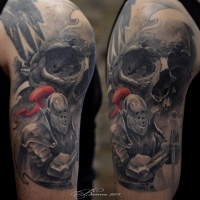 Skull and Knight tattoo on shoulder