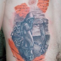 Soldier in gas masks and radiation tattoo on belly