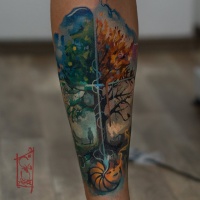 Summer and outumn watercolor tattoo on forearm