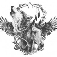 Super grey-ink winged animal couple tattoo design