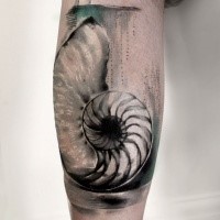 Superiror black ink very detailed nautilus tattoo on leg