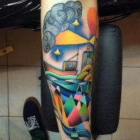 Surrealism style colored forearm tattoo by Mariusz Trubisz