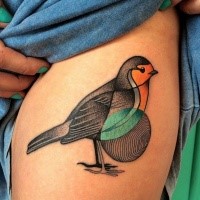 Tattoo painted by Mariusz Trubisz in dotwork style of cute bird
