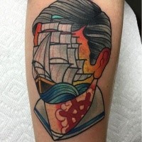 Tattoo painted in surrealism style by Mariusz Trubisz of man face stylized by sailing ship