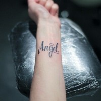 Tender girly angel quote tattoo on arm