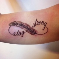 Tender stay strong quote with feather infinity tattoo on arm