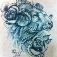 Traditional blue-color ram portrait with roses tattoo design