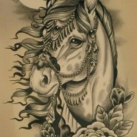 Traditional grey-ink decorated horse in moon light tattoo design