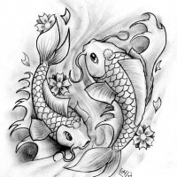 Traditional grey-pencil koi fishes tattoo design by Ham Doggz