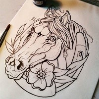 Traditional uncolored horse with horse shoe tattoo design
