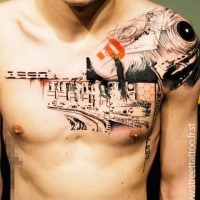 Trash polka style color chest tattoo of city train