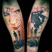Trash polka style colored forearms tattoo of man portrait and lettering