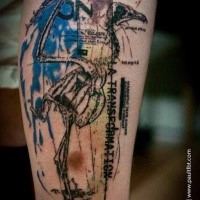Trash polka style colored leg tattoo of bird skeleton with lettering