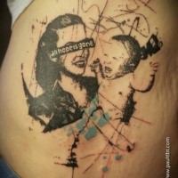 Trash polka style colored side tattoo of family with lettering