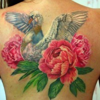 Tatuaje en la espalda, dos peonías vistosas y  cisne blanco