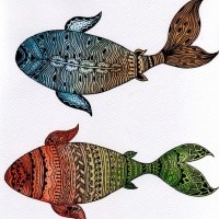Two colorful patterned fishes tattoo design