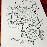 Uncolored horse in armour with flower and half moon tattoo design