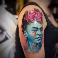 New school style colored shoulder tattoo of crying woman with flowers
