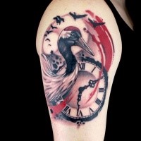 New school style colored shoulder tattoo of nice bird with clock