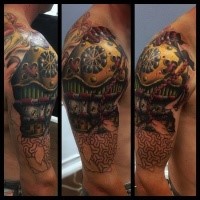 New school style colored shoulder tattoo of of medieval armor