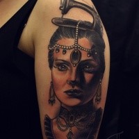 New school style colored shoulder tattoo of vintage woman portrait