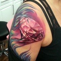 New school style colored shoulder tattoo of pink diamond