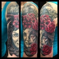 New school style colored shoulder tattoo of woman face with rose and crow