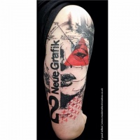 Usual designed colored tattoo of woman portrait with lettering and red triangle