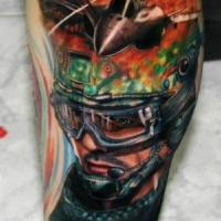 Video game style colored arm tattoo of pilot portrait with modern plane