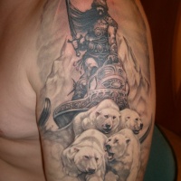 Tatuaje en el brazo,
vikingo intrépido con osos polares