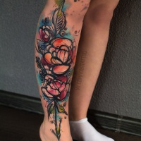Watercollor flower tattoo on leg