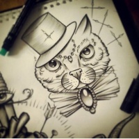 White cat in hat with gem and bow decorations tattoo design