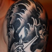 White old school anchor in storming waves tattoo for men on shoulder