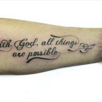 With God all things are possible quote tattoo on arm