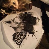 Womans portrait in profile with spiders tattoo design