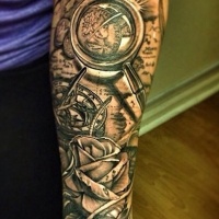 Wonderful black-and-white map and rose tattoo sleeve on forearm