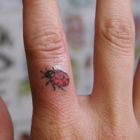 Wonderful small colorful lovebug tattoo on finger