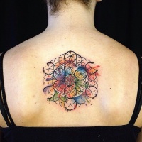 Tatuaje en la espalda,
flor de la vida maravillosa de varios colores