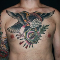 Old school colored chest tattoo of eagle with eye and arrows
