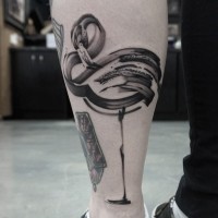 Abstract designed black ink leg tattoo of flamingo bird