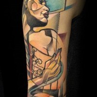 Abstract style big colored person with balloon tattoo on sleeve