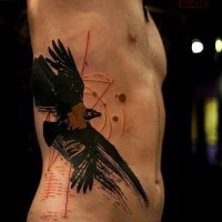 Abstract style big flying eagle tattoo on side